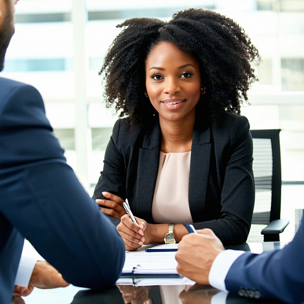 Black female Consultant meeting with a middle aged business man